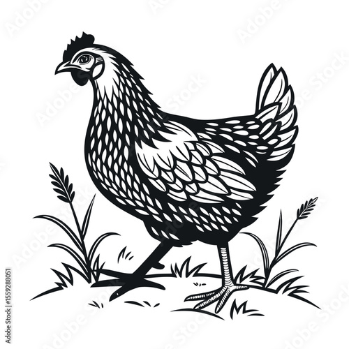 Elegant Black and White Illustration of a Hen in Grass Farm Animal, Poultry, Domestic Fowl, Bird, Chicken