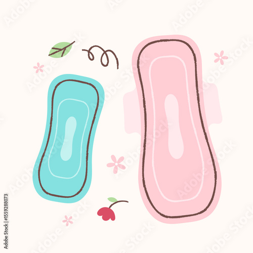 Winged sanitary pads and panty liners. Illustration of disposable sanitary products for women.