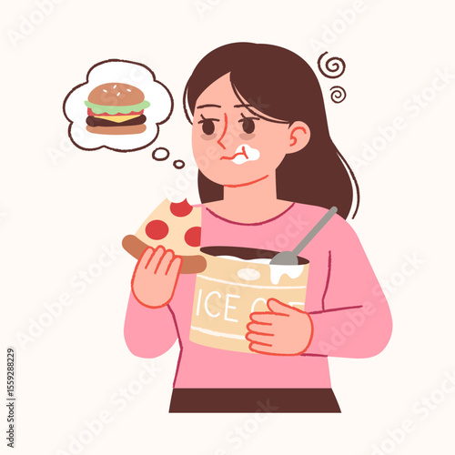 A woman who can't control her appetite and binge eats. Illustration of PMS symptoms.