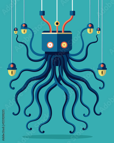 Wires and coding lines dangle from its body like tentacles connecting it to the digital realm.. Vector illustration