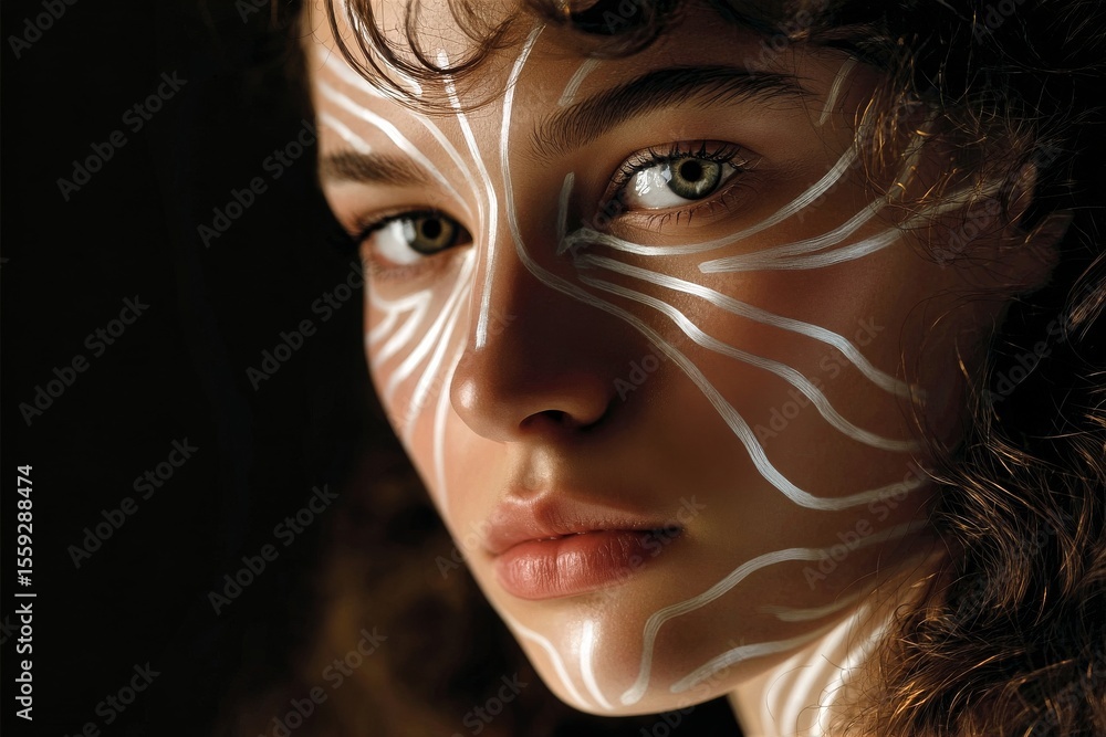 Close-up of a Model With Intricate Face Paint and Striking Blue Eyes Against a Dark Background Close-up of a Model With Intricate Face Paint and Striking Blue Eyes Against a Dark Background