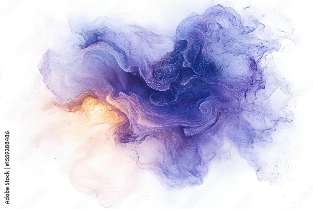 Fototapeta premium Abstract smoky cloud of purple, blue and gold colors drifting on a white background, creating a dreamy, ethereal feel.