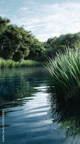 Tranquil Riverbank Surrounded by Lush Greenery and Calm Water in a Serene Nat...