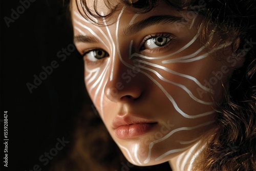 Close-up of a Model With Intricate Face Paint and Striking Blue Eyes Against ...