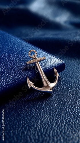Anchor Pendant Resting on Textured Blue Leather Background During a Soft Ligh...
