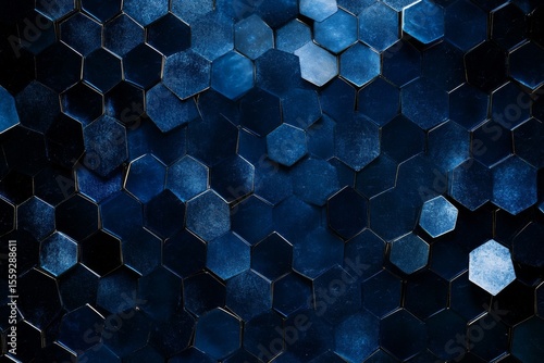 Intricate Arrangement of Hexagon Patterns in Deep Blue Tones Showcasing Moder...