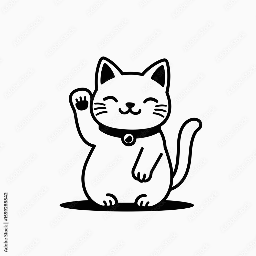 Cute cartoon cat waving and smiling with a collar on white background Cute cartoon cat waving and smiling with a collar on white background