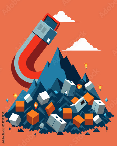 A massive magnet sifting through a mountain of ewaste extracting ferrous metals for recycling.. Vector illustration