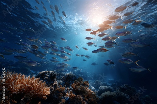 Underwater Scene With a School of Fish Swimming Among Vibrant Corals During D...