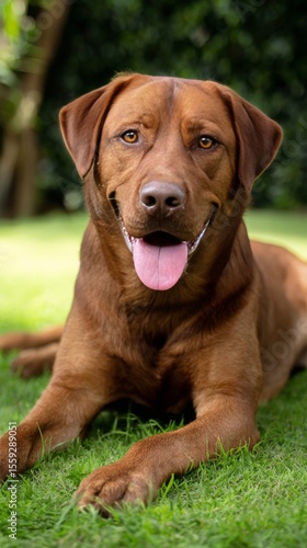 Happy Dog Resting on Green Grass in a Sunny Outdoor Garden