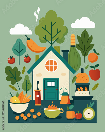 The cottage kitchen is stocked with fresh locally sourced produce and herbs inspiring the freelancer to cook up a delicious meal.. Vector illustration