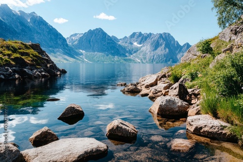 Stunning Mountain Lake Reflection Under a Clear Blue Sky With Rocky Shoreline...