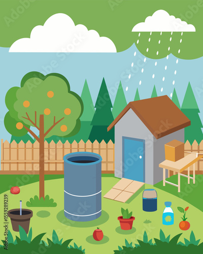 A backyard garden featuring a rainwater harvesting system to reduce water usage and increase energy efficiency.. Vector illustration