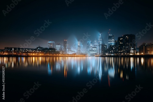 City Skyline Illuminated by Lights at Night With River Reflection and Tall Bu...