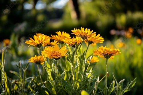 Bright Yellow Dandelions Bloom in a Green Field During a Sunny Day in Springtime