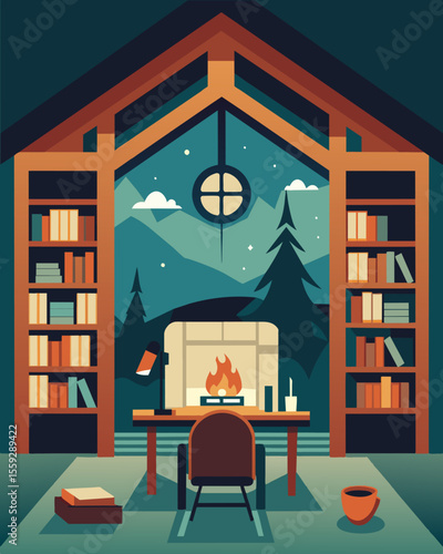 Inside the lodge a spacious study lined with vintage bookshelves and a crackling fireplace offers the perfect setting for focused work sessions.. Vector illustration