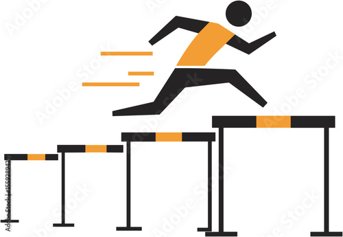 Runner jumping over hurdles in athletic competition  