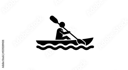 Kayaker paddling on water with waves in black silhouette style  