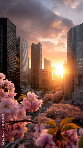 Sunset Over City Skyline With Blooming Flowers in Foreground Highlighting Urb...