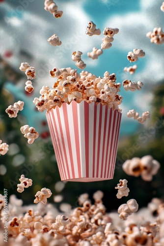 Popcorn Bursts Into the Air Against a Bright Blue Sky With Fluffy Clouds