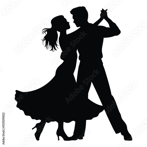 Silhouette of a romantic couple dancing a ballroom dance. Salsa Dancing. A striking silhouette of a man and woman performing a romantic ballroom dance.