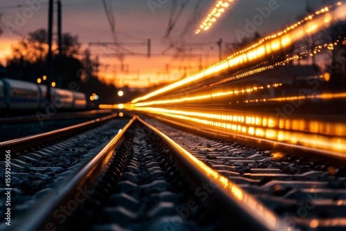 Streaks of Light Illuminate Train Tracks at Sunset in a Vibrant Urban Landscape