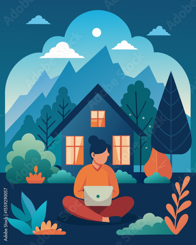 The freelancer is inspired by the tranquil setting of the cottage allowing their creativity to flow and produce their best work.. Vector illustration