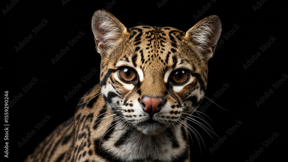 Fototapeta premium extreme close up of a margay looking toward the camera on black background