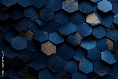 Hexagonal Patterns Form a Striking Blue Wall Design in an Abstract Concept Se...