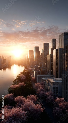 Urban Sunrise Over a River With Cherry Blossoms in Bloom Near Modern Skyscrapers