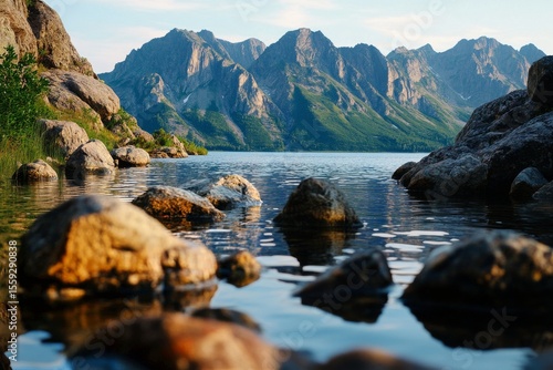 Stunning Mountain Lake Surrounded by Cliffs and Greenery in Bright Sunlight