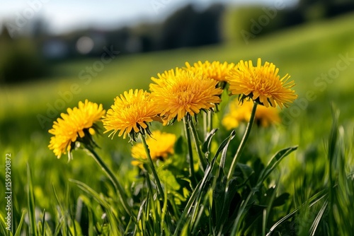 Bright Yellow Dandelions Bloom in a Green Field During a Sunny Day in Springtime