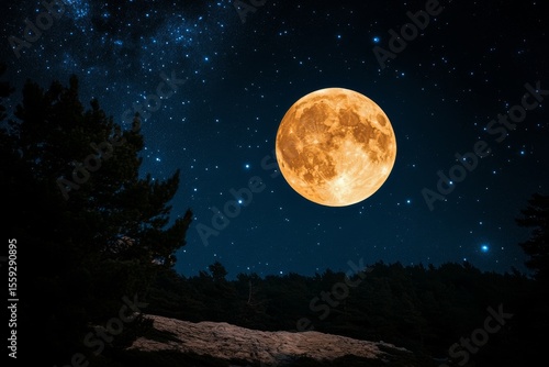 Full Moon Illuminates a Serene Countryside Landscape Under a Starry Night Sky
