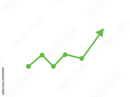 green business arrow rising up with dots followed by line graph going down, color full Green Line Graph Showing Positive Growth Trend, trading profit, economic boom, business growth. line graph upward