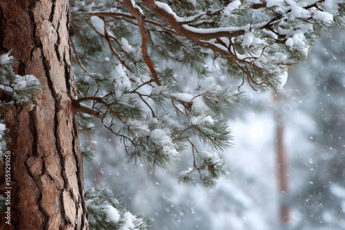 Snow-covered Branches Create a Serene Winter Landscape in a Forest During Sno...
