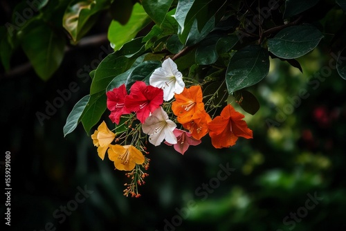 Colorful Blossoms Emerge From Leafy Greenery in a Tropical Garden After Rainfall
