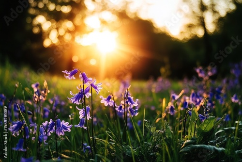 Morning Sunlight Illuminates Wild Purple Flowers in a Serene Meadow