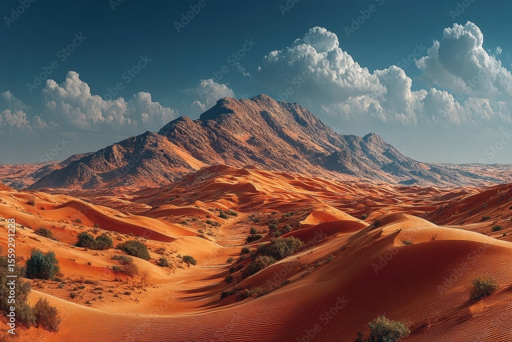 Naklejka premium Golden sand dunes under a vibrant blue sky with scattered white clouds