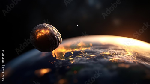 Fiery Celestial Object Approaching Earth Illuminated By Golden Light Against Dark Starry Background