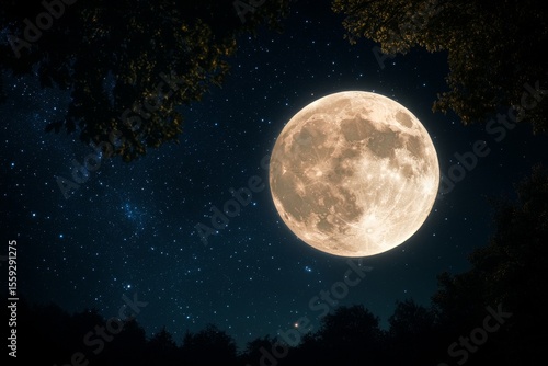 Bright Full Moon Illuminating a Mountainous Landscape at Night