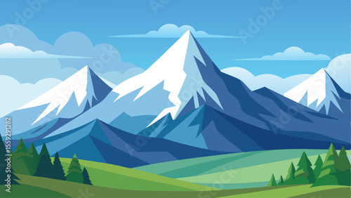 Tranquil Alpine landscape with snow-capped peaks as a simple vector illustration.