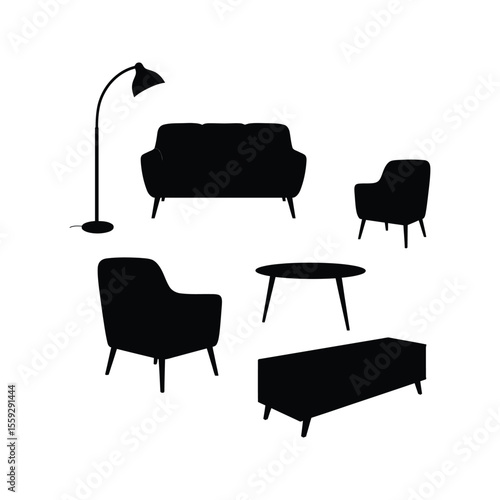 Black armchair silhouettes and furniture icons for modern interior design