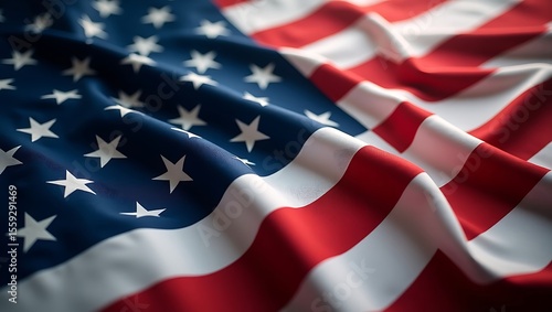 Close up of the american flag waving with stars and stripes in soft focus and dramatic lighting