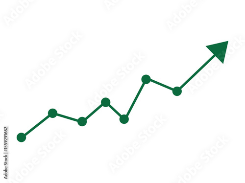 green business arrow rising up with dots followed by line graph going down, color full Green Line Graph Showing Positive Growth Trend, trading profit, economic boom, business growth. line graph upward