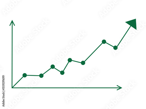 green business arrow rising up with dots followed by line graph going down, color full Green Line Graph Showing Positive Growth Trend, trading profit, economic boom, business growth. line graph upward