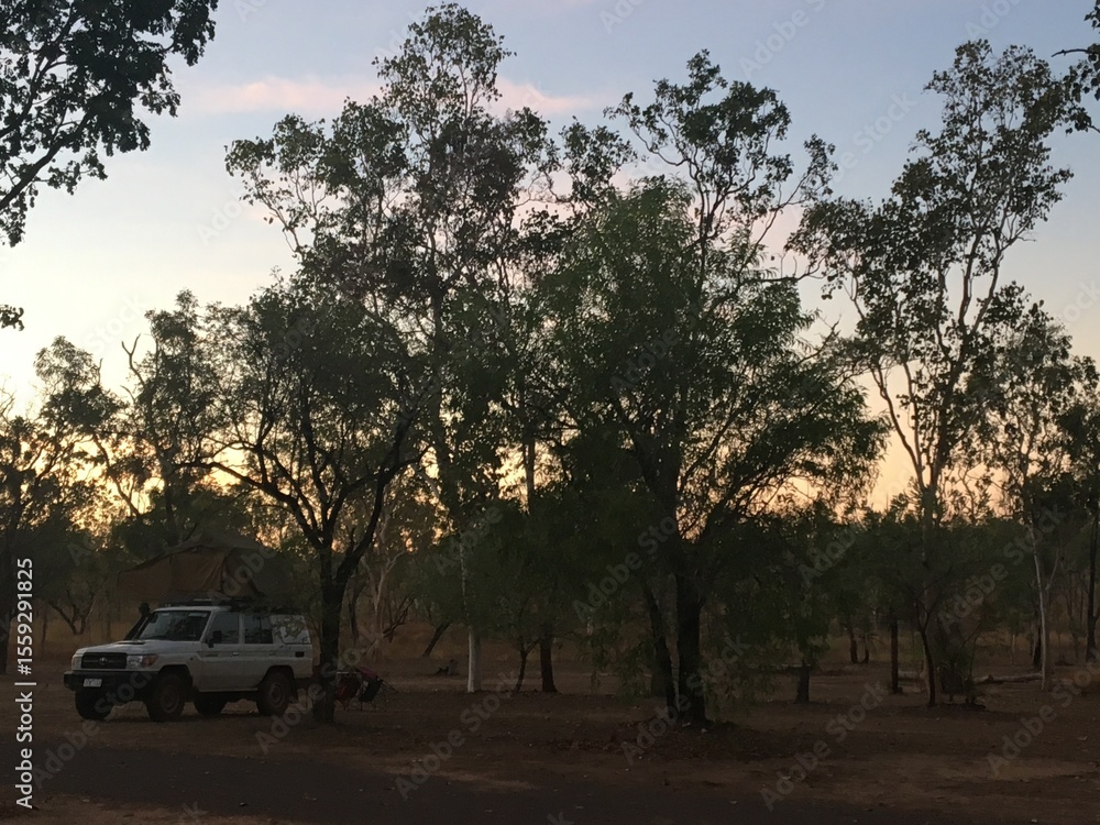 Fototapeta premium sunset dusk in the bush outback with 4x4