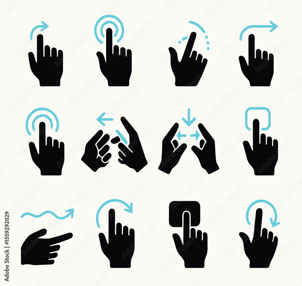 Fototapeta premium Touch Gesture Icons Set - Swipe, Tap, and Pinch Interaction Symbols for Mobile UX