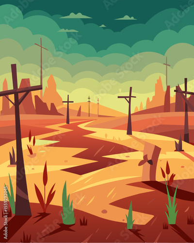 A desolate landscape evidence of unsustainable agriculture as fields of withered crops are abandoned in search for more fertile pastures.. Vector illustration