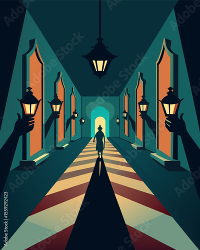 The gaslights shadow stretched across the room reaching out with its tendrils to engulf anything and anyone who dared to question its existence.. Vector illustration