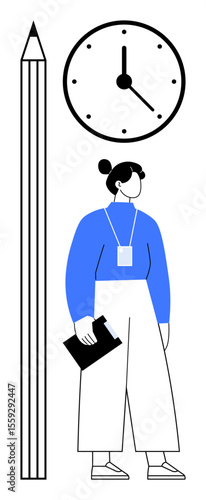Businesswoman holding a notebook beside a giant pencil and a clock. Ideal for time management, productivity, deadlines, planning, workplace, creativity, education. Minimalist flat metaphor